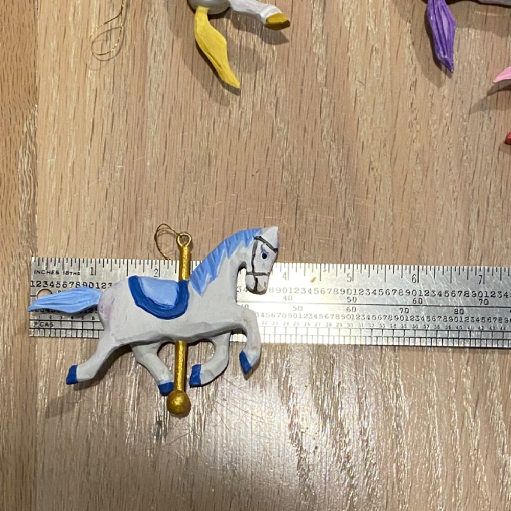 4 Carousel Horse Ornaments, Wood & Hand Painted, 13" Wire Stand, Nursery or Tree - Picture 9 of 16